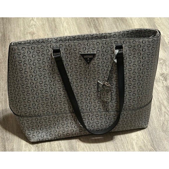 Guess Handbags - Guess Tote Bag Purse Handbag, Gray Logo Print, Heart Charm Cute